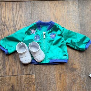 American Girl Clothes Green NASA Bomber Jacket with Purple Trim